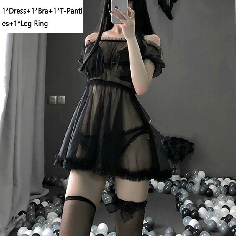Váy ngủ babydoll trễ vai đầm ngủ trong suốt có bikini