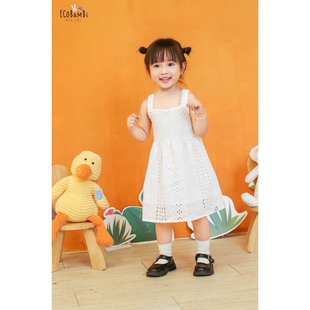 Đầm công chúa babydoll hai dây, màu trắng cotton thêu hoạ tiết dành cho bé gái - Ecobambi