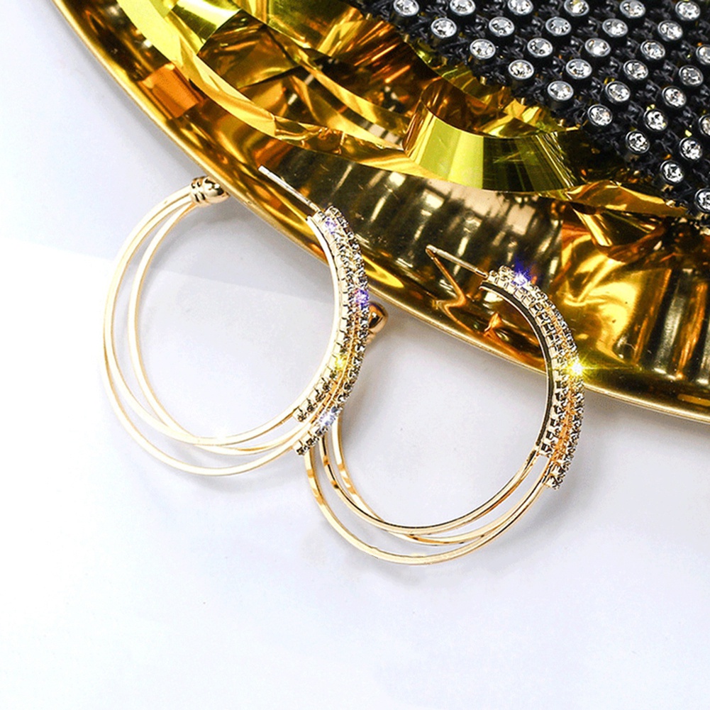 Đôi Khuyên Tai Vòng Tròn Ba Lớp Đính Đá Thời Trang Cho Nữ