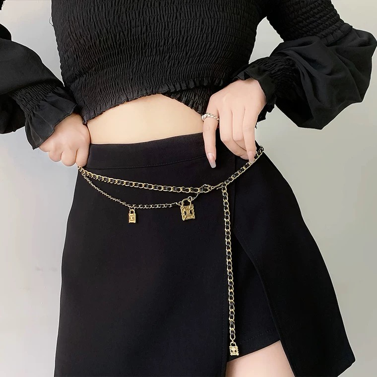 Đai váy xích kim loại đan da phối blazer, đầm thắt eo cá tính DV100 - Thắt Lưng Giá Tốt