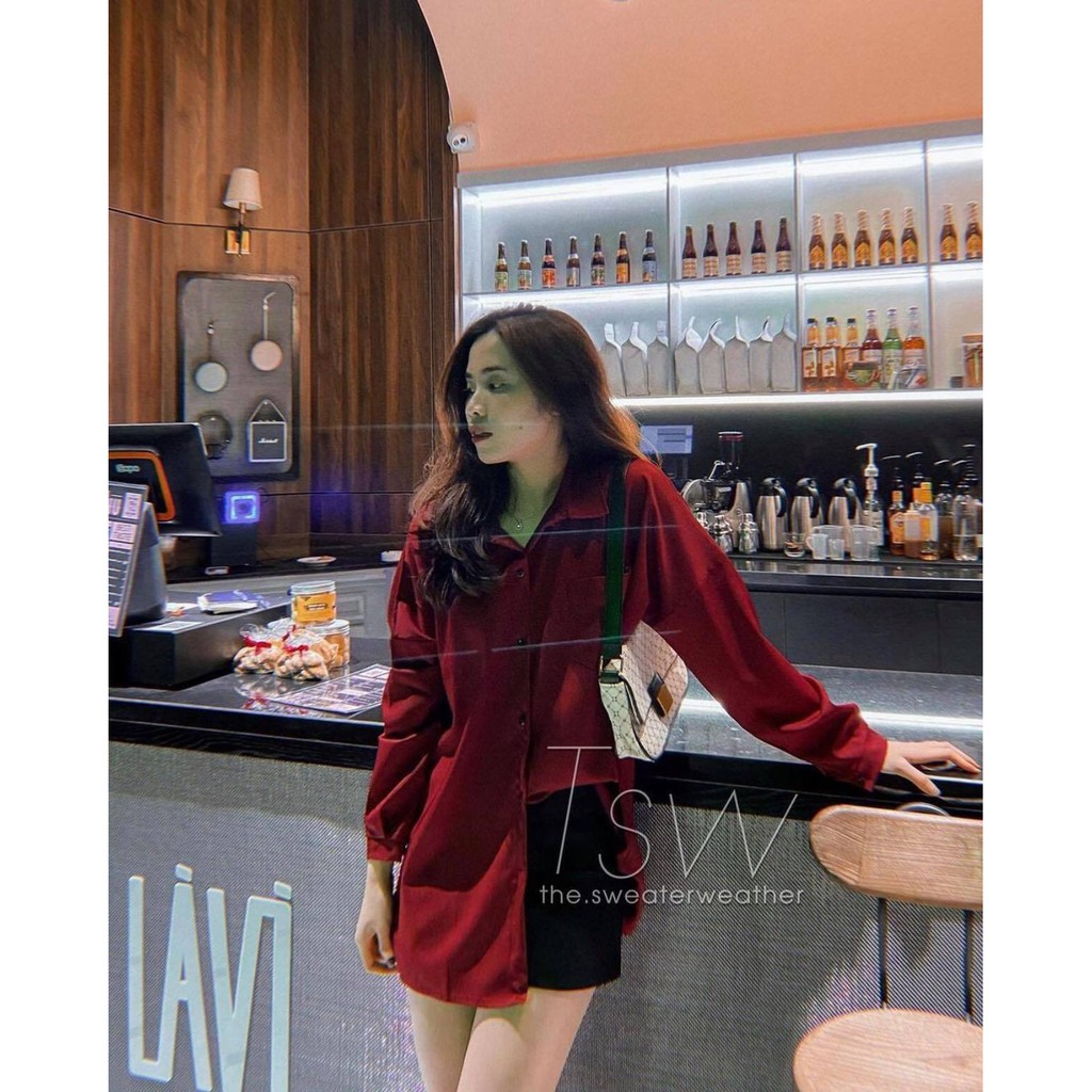 Áo sơ mi nữ màu đỏ đô form rộng KOREA Chất đũi lụa dày dặn thời trang nữ công sở đi làm đi chơi ( link mới cũ bị xóa )