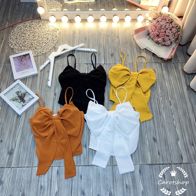 [ Mã WASTAPR giảm 10K đơn 50K] Áo 2 dây nơ ngực chất đũi hình thật freesize dưới 55kg có mút ngực - Carotshop