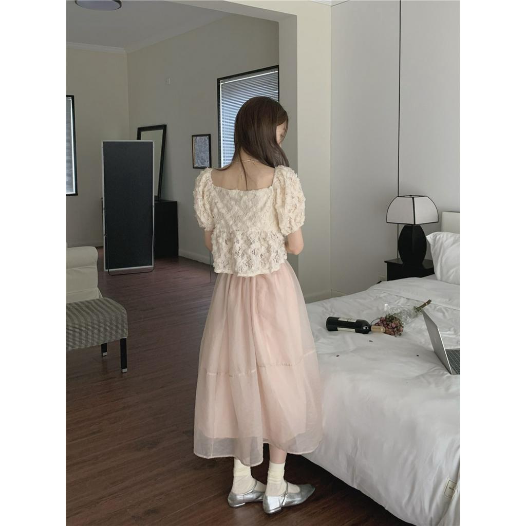 Set Áo Hoa Phối Chân Váy Lưới Ba Chiều 51413