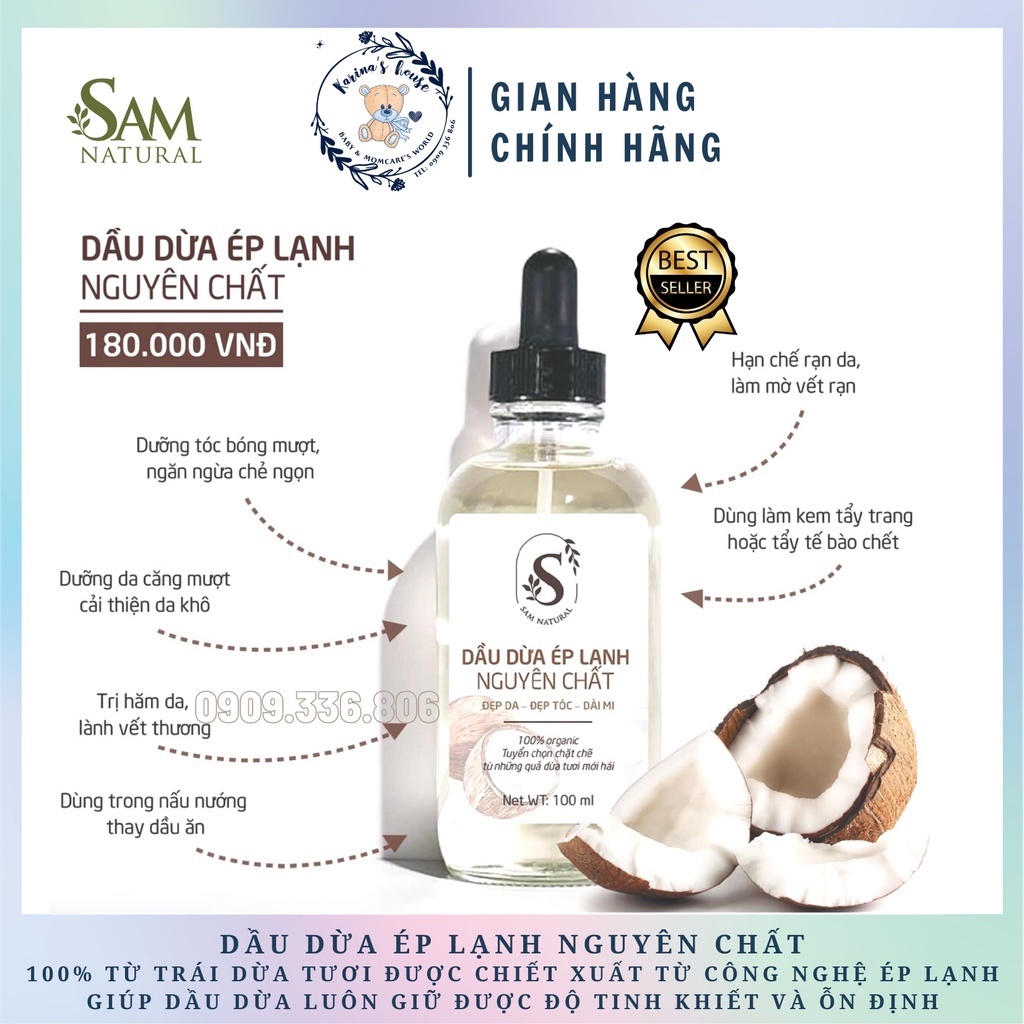 Dầu dừa ép lạnh nguyên chất SAM NATURAL 100ml