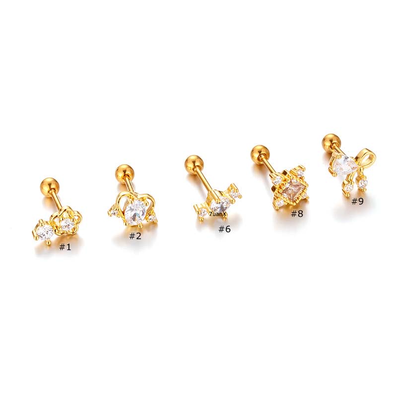 1 Khuyên Tai Hình Trái Tim Đôi Bằng Thép Không Gỉ 20Gauge Đính Đá Zircon