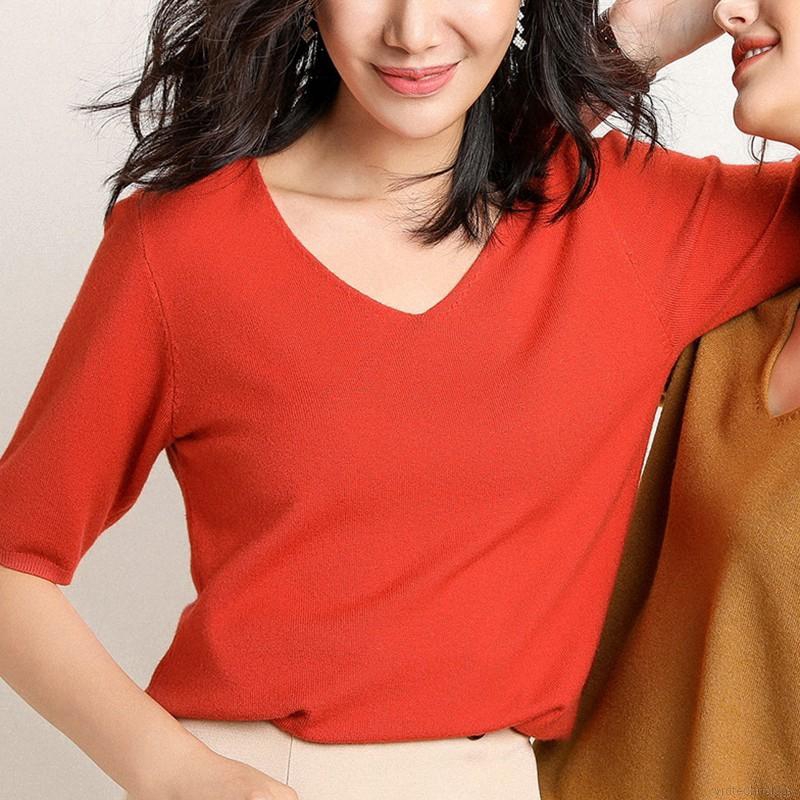 Summer Women V Neck Solid Casual Short Sleeve Simple T-Shirt | BigBuy360 - bigbuy360.vn