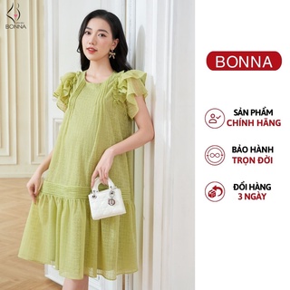 Đầm bầu công sở đẹp BONNA chất ren mềm cao cấp với gam màu xanh, hồng