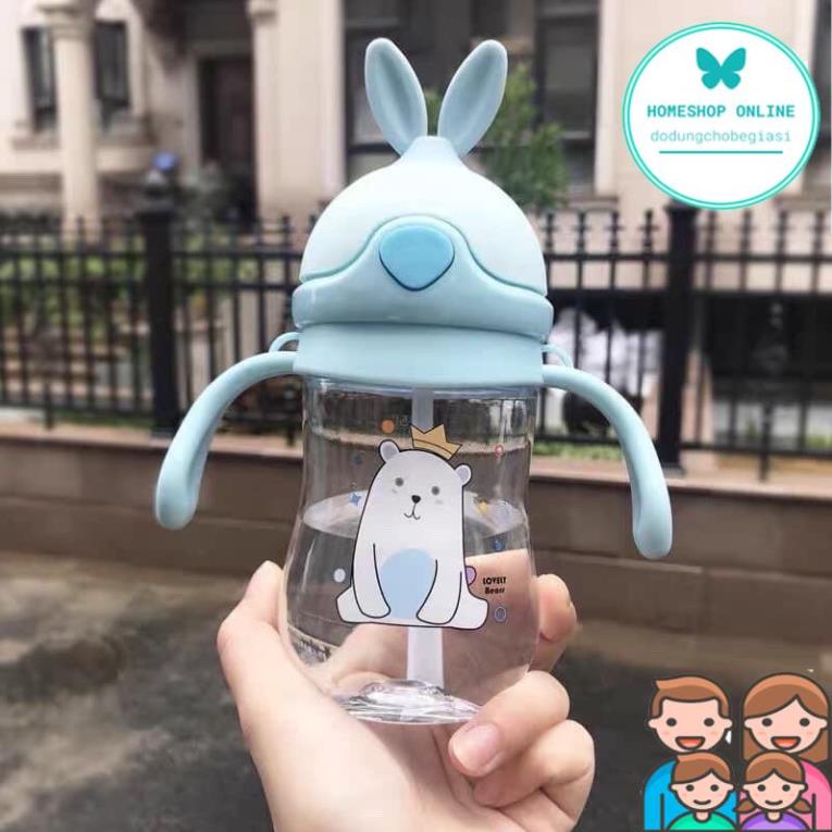 Bình tập uống nước tai thỏ có tay cầm có dây đeo siêu cute 280ml cho bé trai bé gái, bình nước ngôi sao bình thỏ