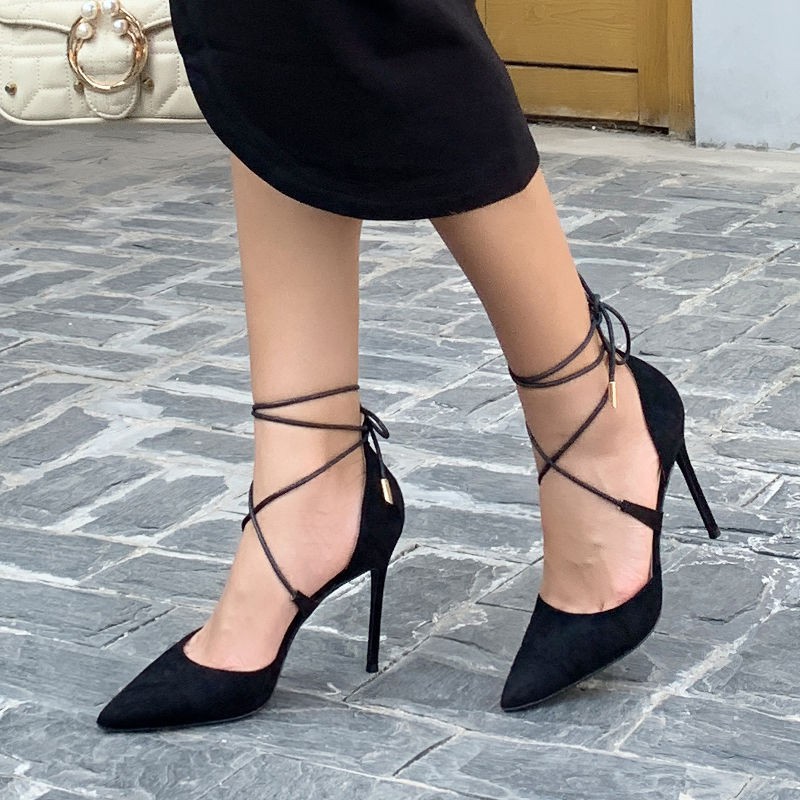 ❀❆✗2020 new fashion strappy suede high heels pointed toe stiletto sandals female Baotou sexy temperament