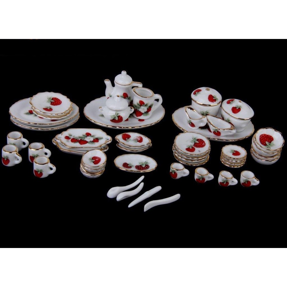 Bộ full đồ sứ tem dâu tây dành cho nhà bếp trang trí bonsai, tiểu cảnh, nhà búp bê DIY