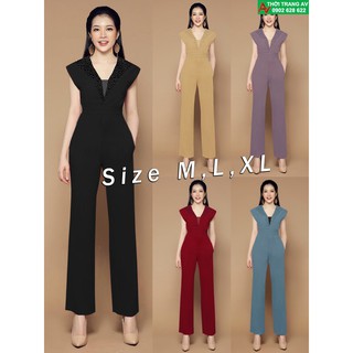 Jumpsuit - Đồ bay dài ống suông cổ V phối lưới đính hạt đầy sang trọng - AV6209