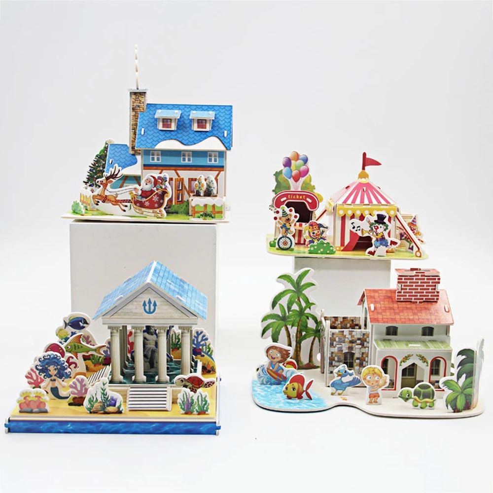 LANFY Creativity 3D Stereo Puzzle Three-dimensional Amusement Park Model House Building Model Mini House Paper Model Cartoon Puzzles Hand-assembled Educational Kids Children Gift Early Learning Toys
