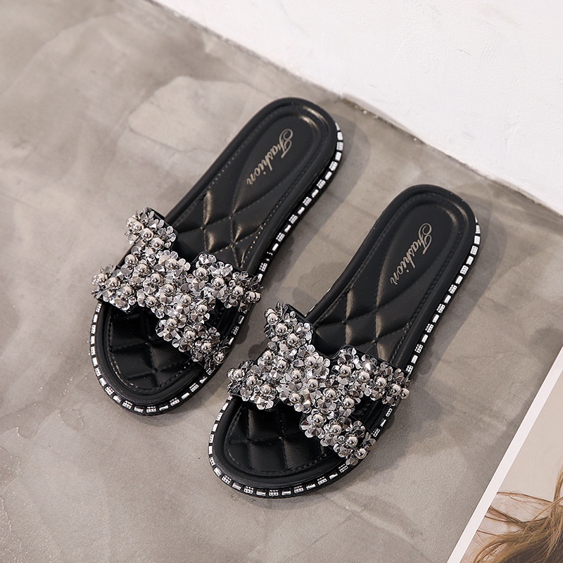 Dép Xỏ Ngón Đế Bằng Đính Hạt Hình Lá Thời Trang Mùa Hè Phong Cách Hàn Quốc Cho Nữ