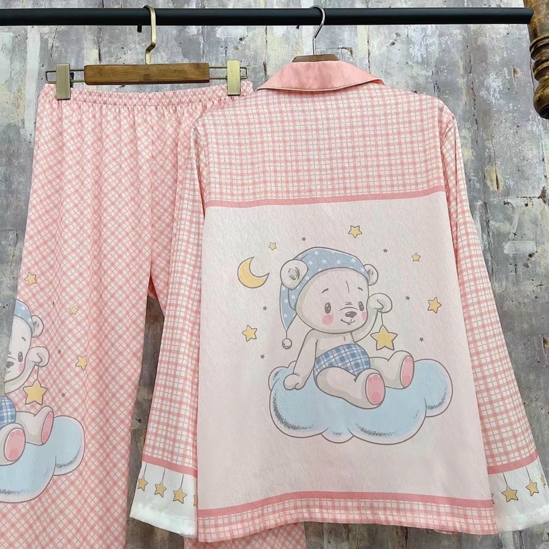 bộ pijama cao cấp lụa xước Quảng Châu tay dài gia đình gấu