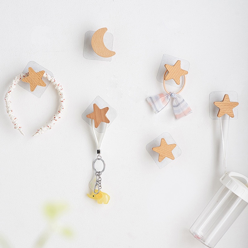 Bộ Móc Treo Đồ Hình Trăng Sao Mây 100% Màu Gỗ Tự Nhiên Đa Năng Trang Trí Phòng Siêu Xinh Vừa Dán Vừa Khoan Bắt Vít Móc