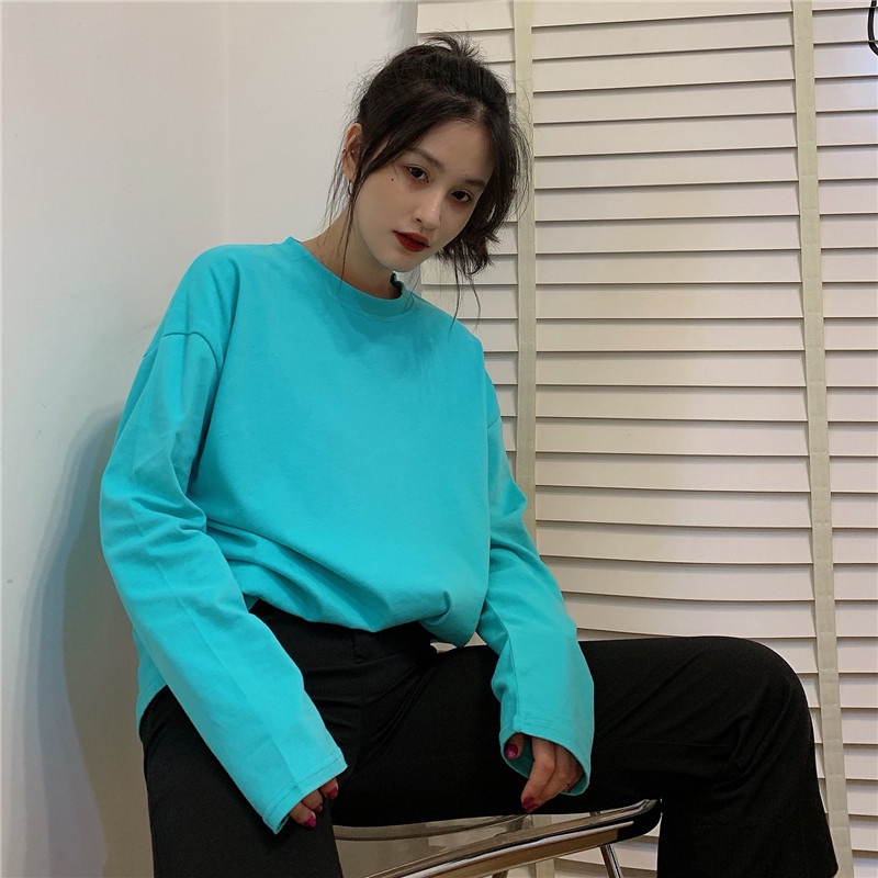 SUXI Áo Thun Nữ Tay Dài Dáng Rộng Phong Cách Hàn Quốc