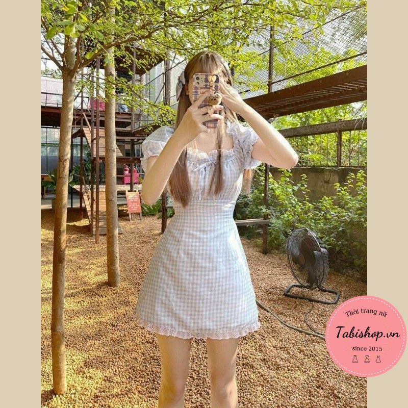 Đầm trễ vai nữ caro xanh TABISHOP Váy tiểu thư phối ren phong cách ulzzang dự tiệc đi chơi xinh xắn