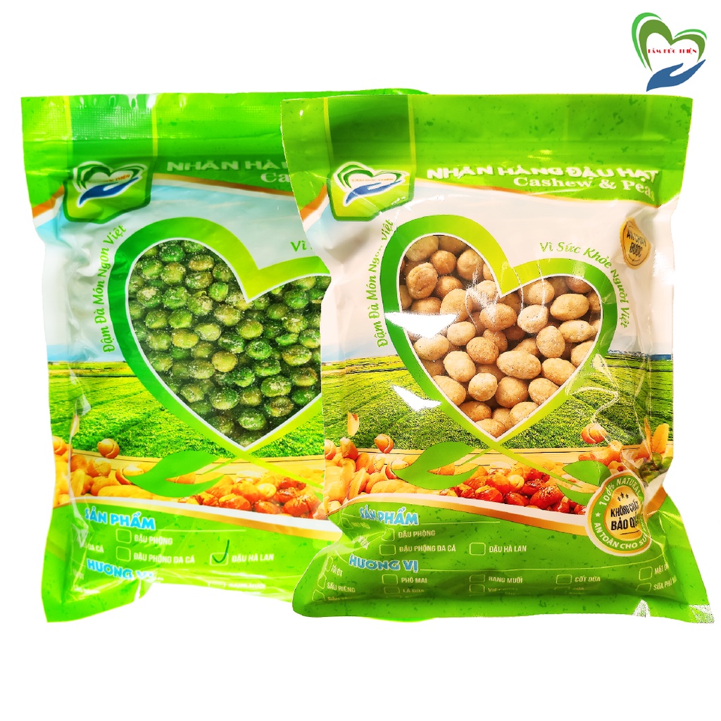 Combo 1KG: Đậu phộng da cá nước cốt dừa và đậu hà lan rang muối phô mai Tâm Đức Thiện 2 x Túi 500GR đồ ăn vặt