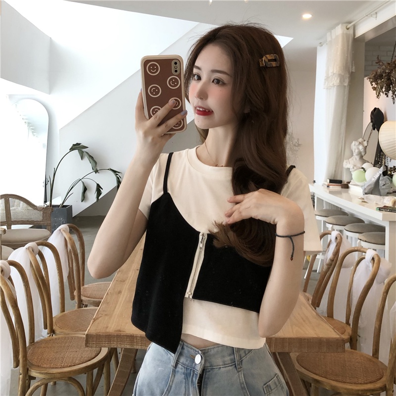 Áo Thun Tay Ngắn Phối Khóa Kéo Thời Trang Mùa Hè Hàng Mới Dành Cho Bạn Nữ