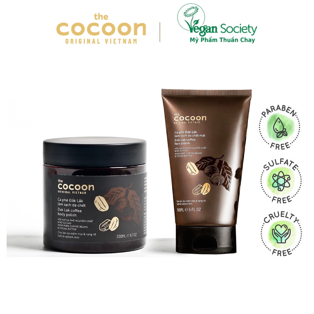 Bộ cà phê Đắk Lắk làm sạch da chết cocoon: da mặt 150ml + cơ thể 200ml - Vegan Society