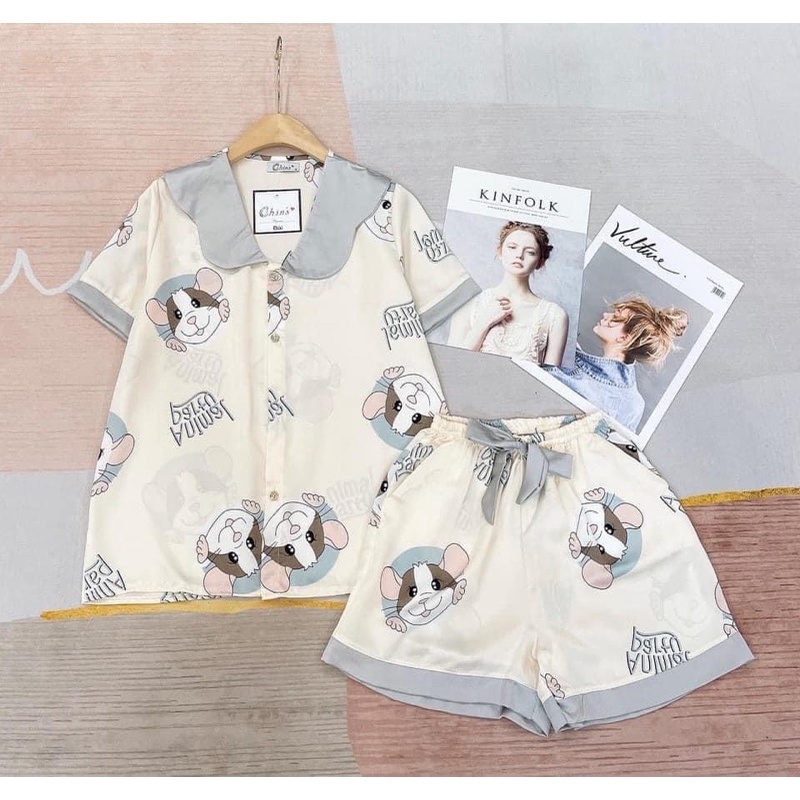 Bộ pijama mặc nhà quần đùi áo cổ sen hoạ tiết xinh xắn