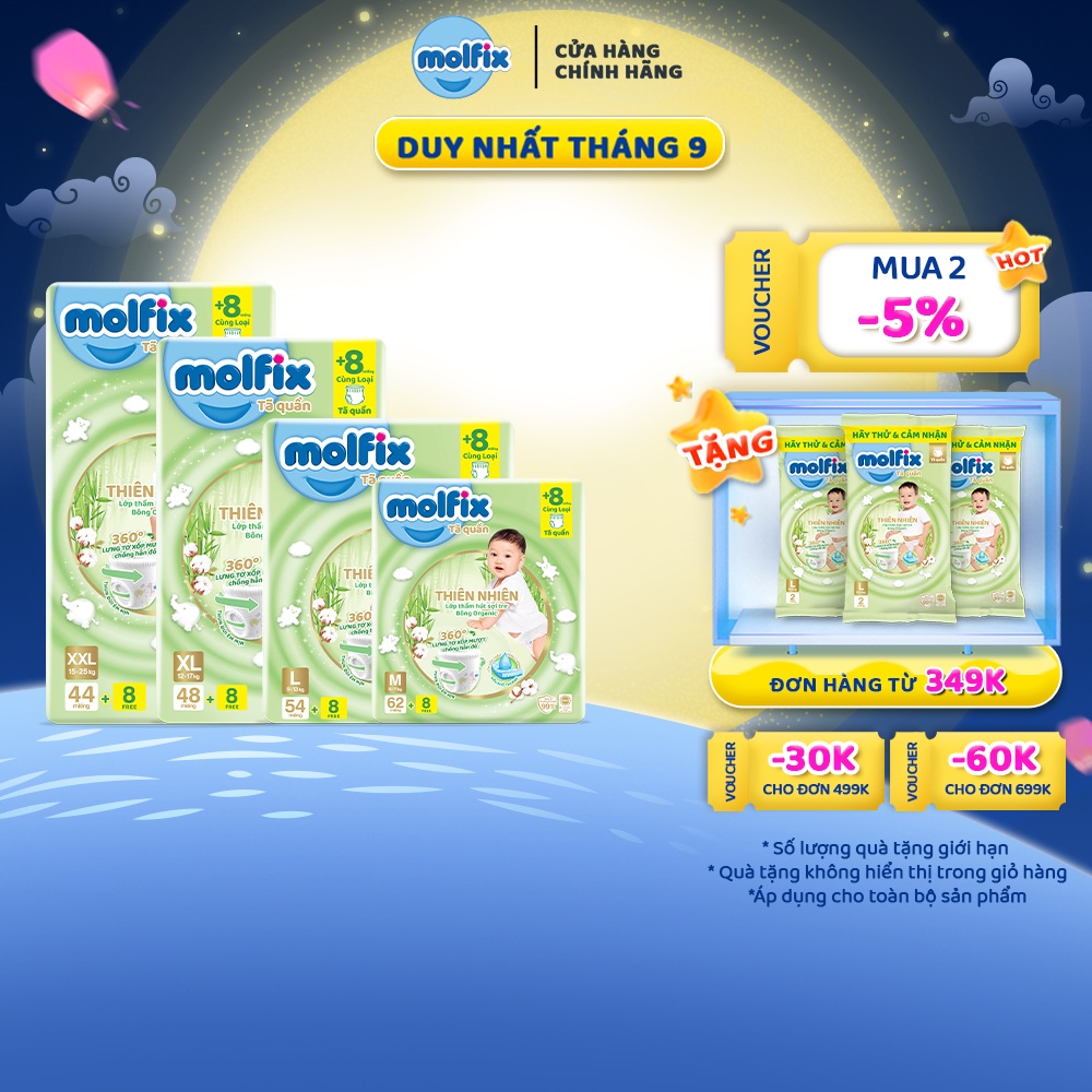 Tã quần thiên nhiên Molfix Super Jumbo M62/L54/XL48/XXL44