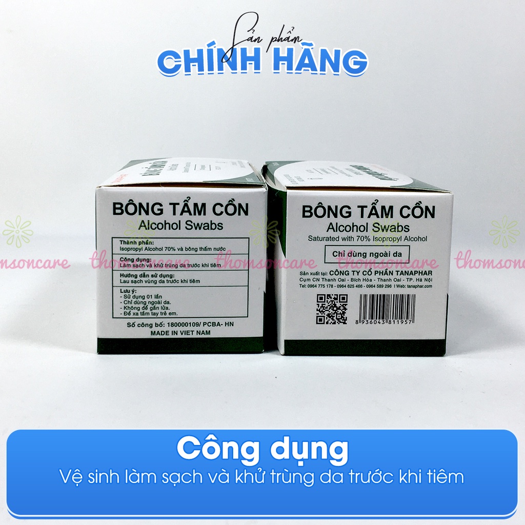 Bông tẩm cồn sát trùng TANAPHAR - Bông cồn khô khử khuẩn, sát khuẩn tay nhanh hộp 100 gói tiện lợi