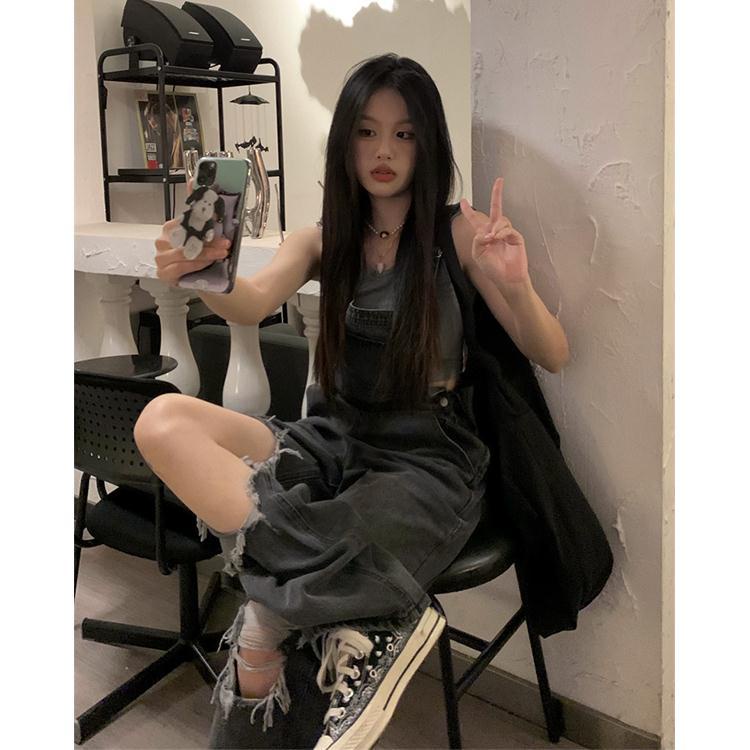 Jiashucheng Hàng Có Sẵn Quần Yếm Jean Rách Lưng Cao Dáng Ôm Phong Cách Mới Mùa Hè Dành Cho Bạn Nữ Fema