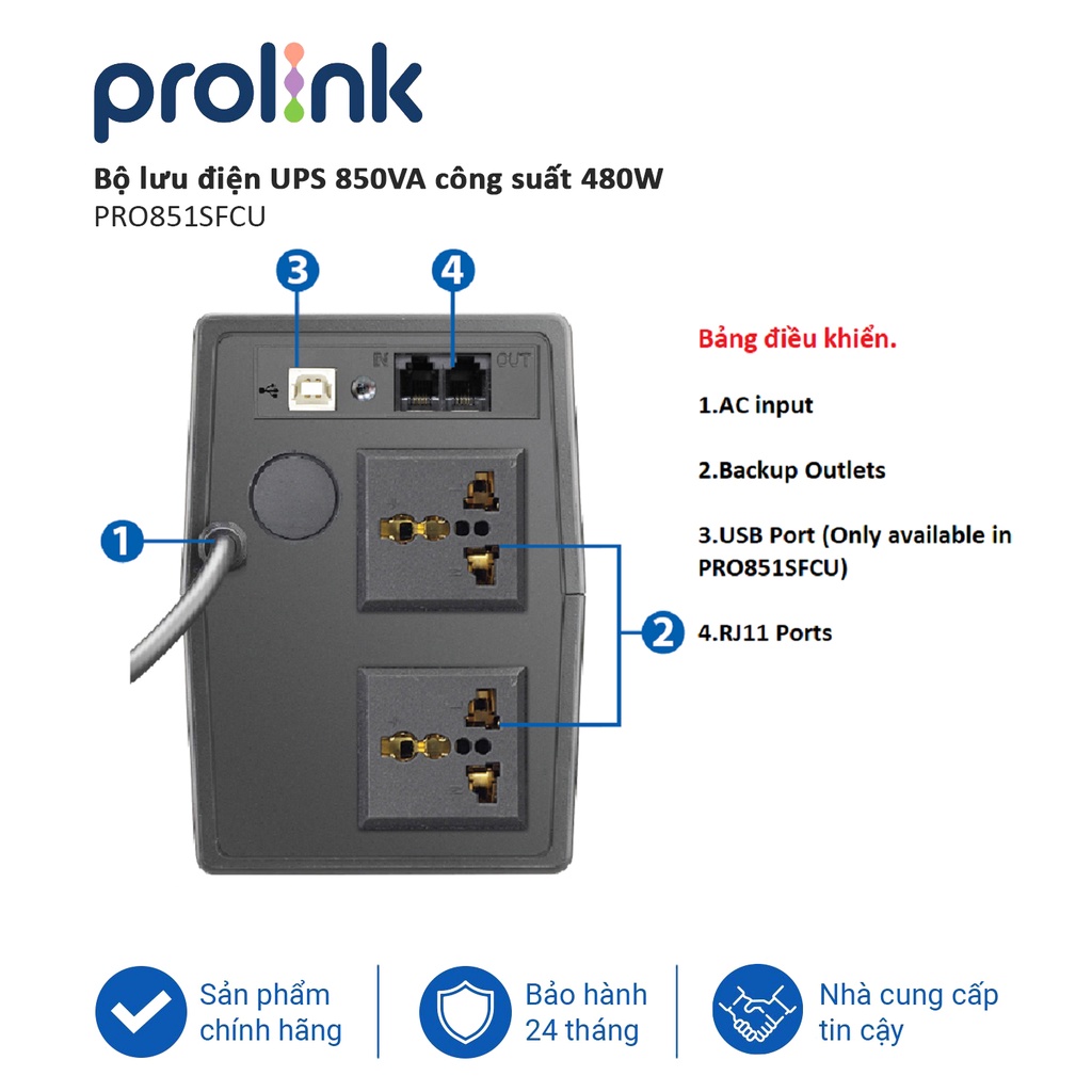 Bộ lưu điện UPS PROLiNK PRO851SFCU (850VA) công suất 480W, tích hợp bộ AVR, sạc siêu nhanh, dùng cho PC, Camera, Wifi