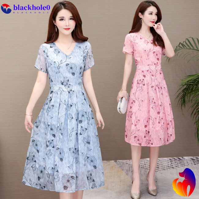 BH Summer Slim V-neck Floral Dress Elegant Short Sleeves Middle Long Printing Causal Dress