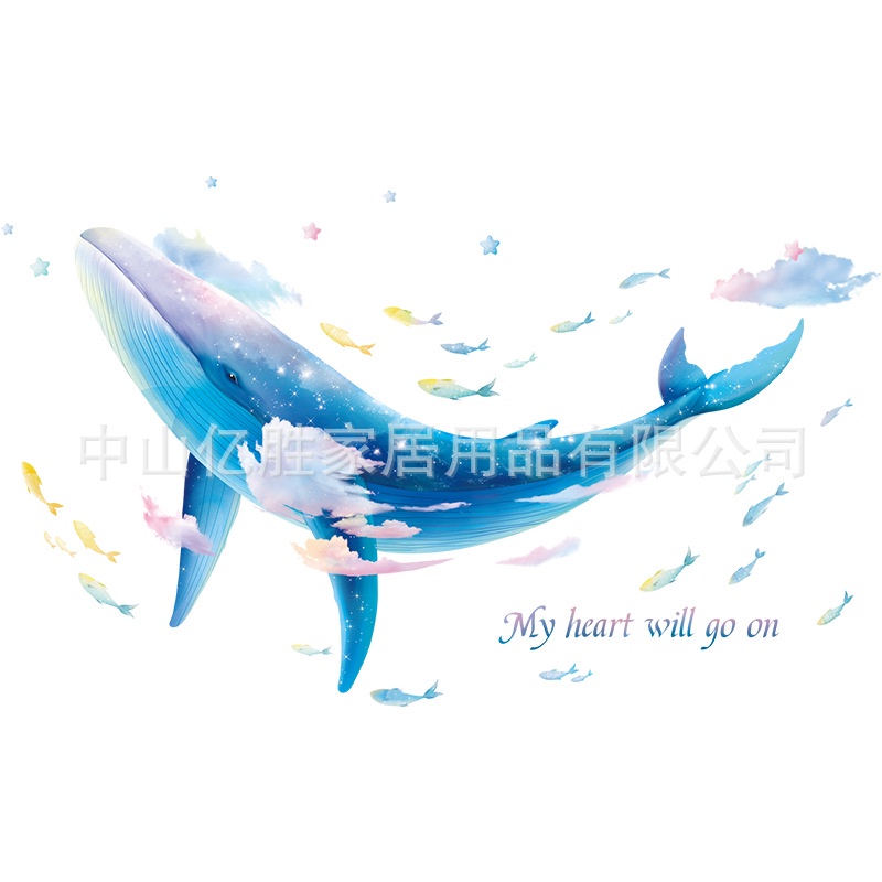 Tranh dán tường 3D Cá voi xanh KT 129.5x78cm, Decal trang trí phòng, Miếng dán trang trí phòng khách