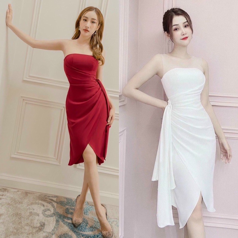 Đầm dự tiệc lệch tà phối lưới