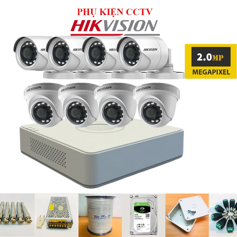 Trọn Bộ Camera 5/6/7/8 Mắt Hikvision 2Mp DS-2CE16B2-IPF FULL HD 1080P, Đầu DS-7108HGHI-F1 Full Phụ Kiện Lắp Đặt