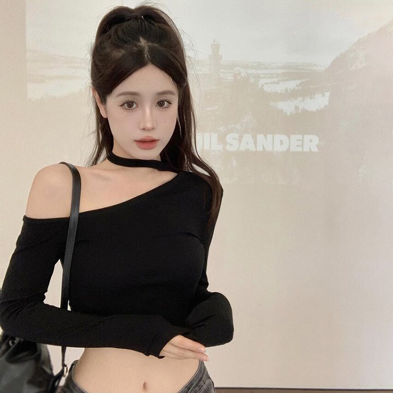 Áo Thun Croptop Tay Dài Màu Sắc Đơn Giản Phong Cách Hàn Quốc Cho Nữ