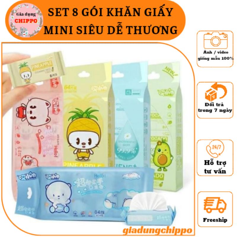 Khăn ướt mini bỏ túi / khăn giấy vệ sinh tiện lợi , 1 lớn túi gồm 8 gói nhỏ xinh xinh