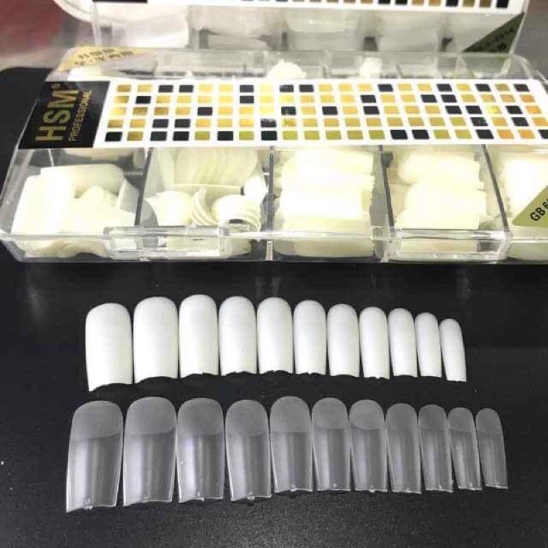 Móng úp HSM đủ phom đủ size - thang,vuông,nhọn,bầu,tròn- hàng loại 1 - tem hồng,tem đen, hộp 500 móng