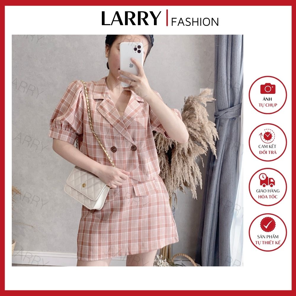 Set Áo Váy Cổ Vest Tay Phồng Kẻ Caro Phong Cách Hàn Quốc S099