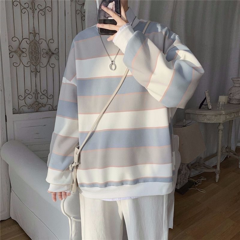 Áo Hoodie Nam Striped Sweater Men's Korean Loose Student Round Neck Thin Jacket