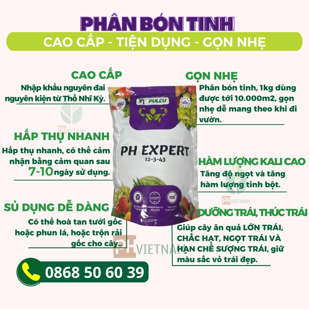 Phân Bón NPK 12-3-43 Túi 1Kg Dùng Được Tới 10.000m2, Pha 600 Lít Nước, Thúc Trái Lớn, Ngọt Trái, Dưỡng Trái