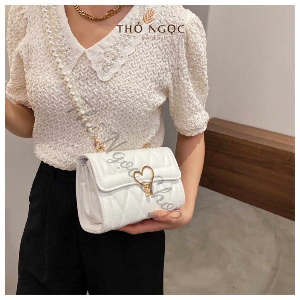 Túi Đeo Chéo Nữ ❤FreeShip❤ Túi Đeo Chéo Dây Ngọc Khóa Tim Chất Da Mềm Đẹp Size 20