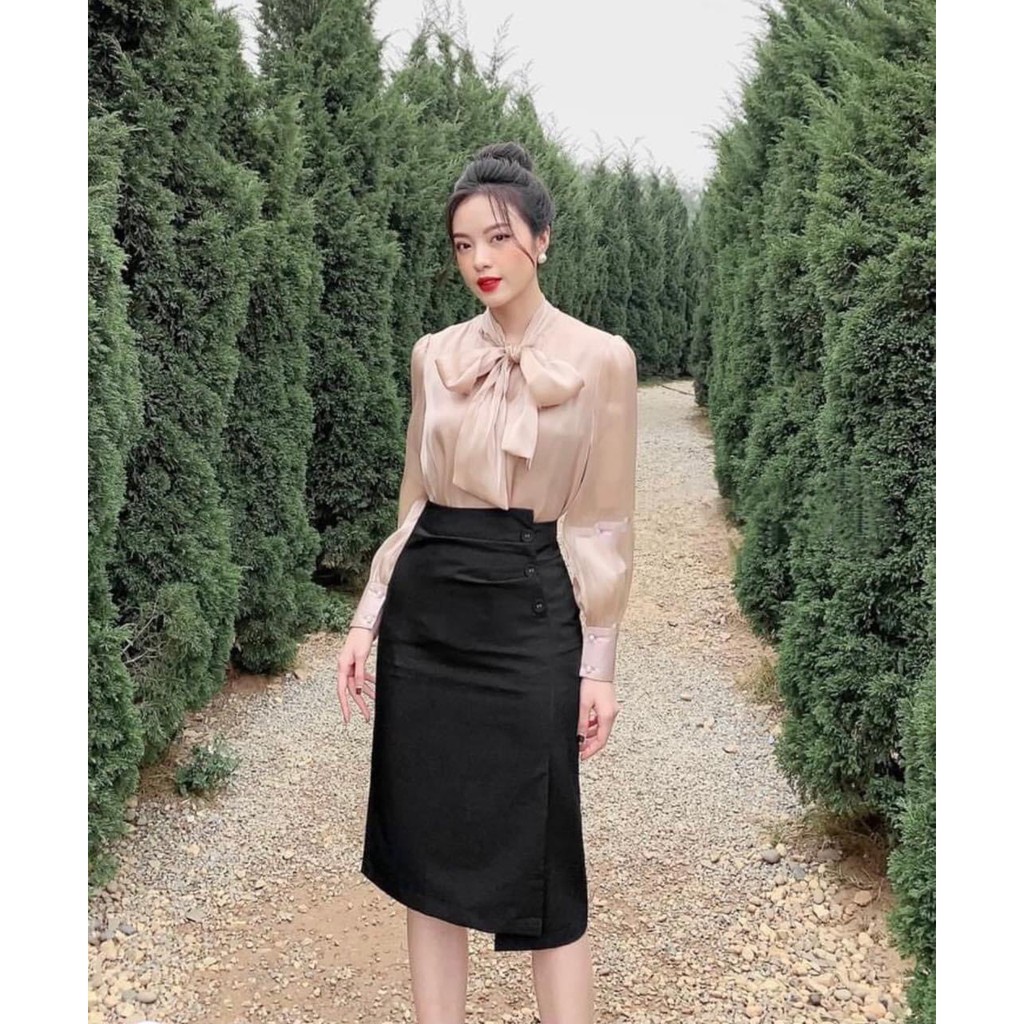 áo sơ mi tơ sống cổ nơ to bản 2 lớp- vải organza