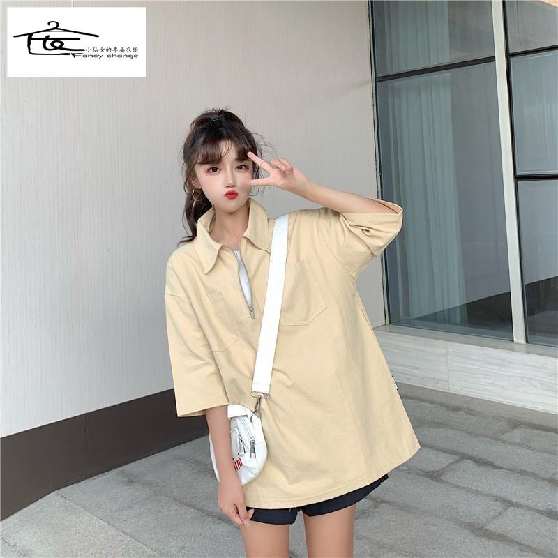 Áo Thun polo Ngắn Tay Dáng Rộng Phong Cách Hàn Quốc Cho Nữ