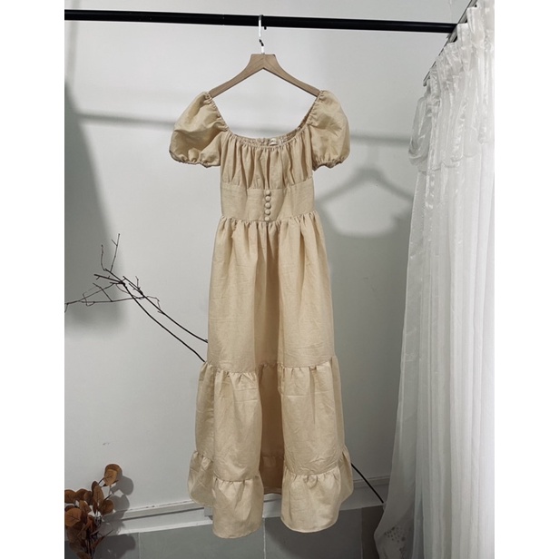 Đầm Maxi dài tay phồng nhún ngực vải Linen cao cấp