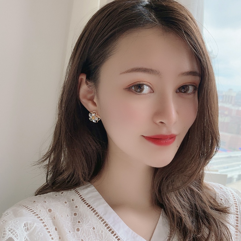 Khuyên tai mặt hình bông hoa hai lớp đính đá phong cách Hàn Quốc thời trang
