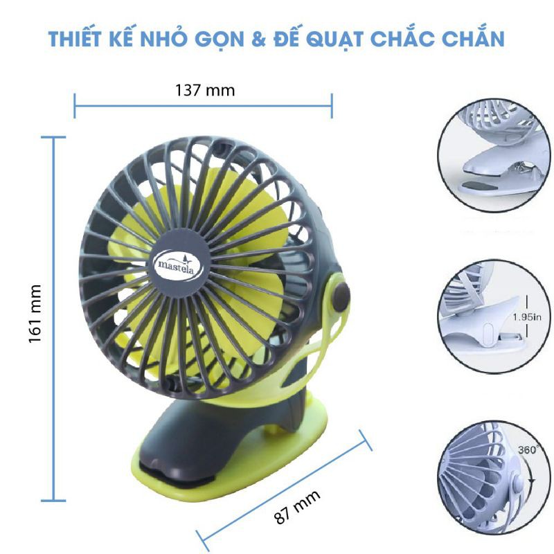 Quạt sạc tích điện mini Mastela xoay góc 720 độ, đế kẹp đa năng _ Hàng chính hãng