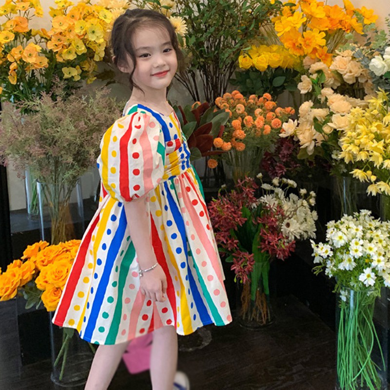 Đầm Tay Phồng Dài Đến Đầu Gối In Họa Tiết Chấm Bi Nhiều Màu Thân Thiện Với Da Thoáng Khí Thời Trang Mùa Hè Phong Cách Hàn Quốc Cho Bé Gái