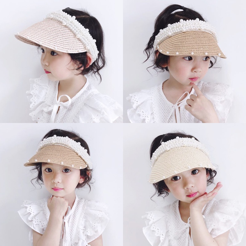 Mũ Cói Che Nắng Hở Chóp Đính Ngọc Trai Kiểu Công Chúa Dễ Thương Cho Mẹ Và Bé
