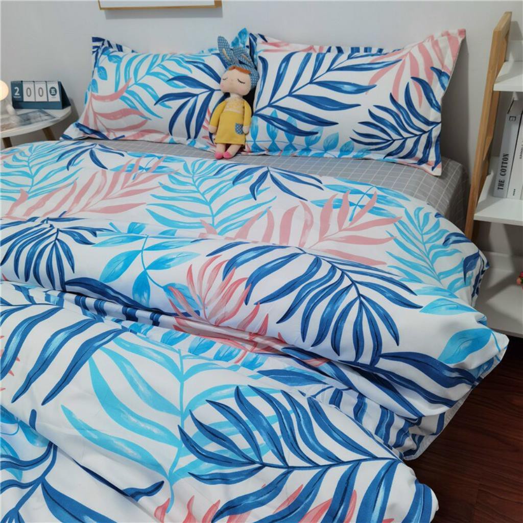 Bộ chăn ga gối drap giường chất cotton poly họa tiết cỏ xanh dương hồng