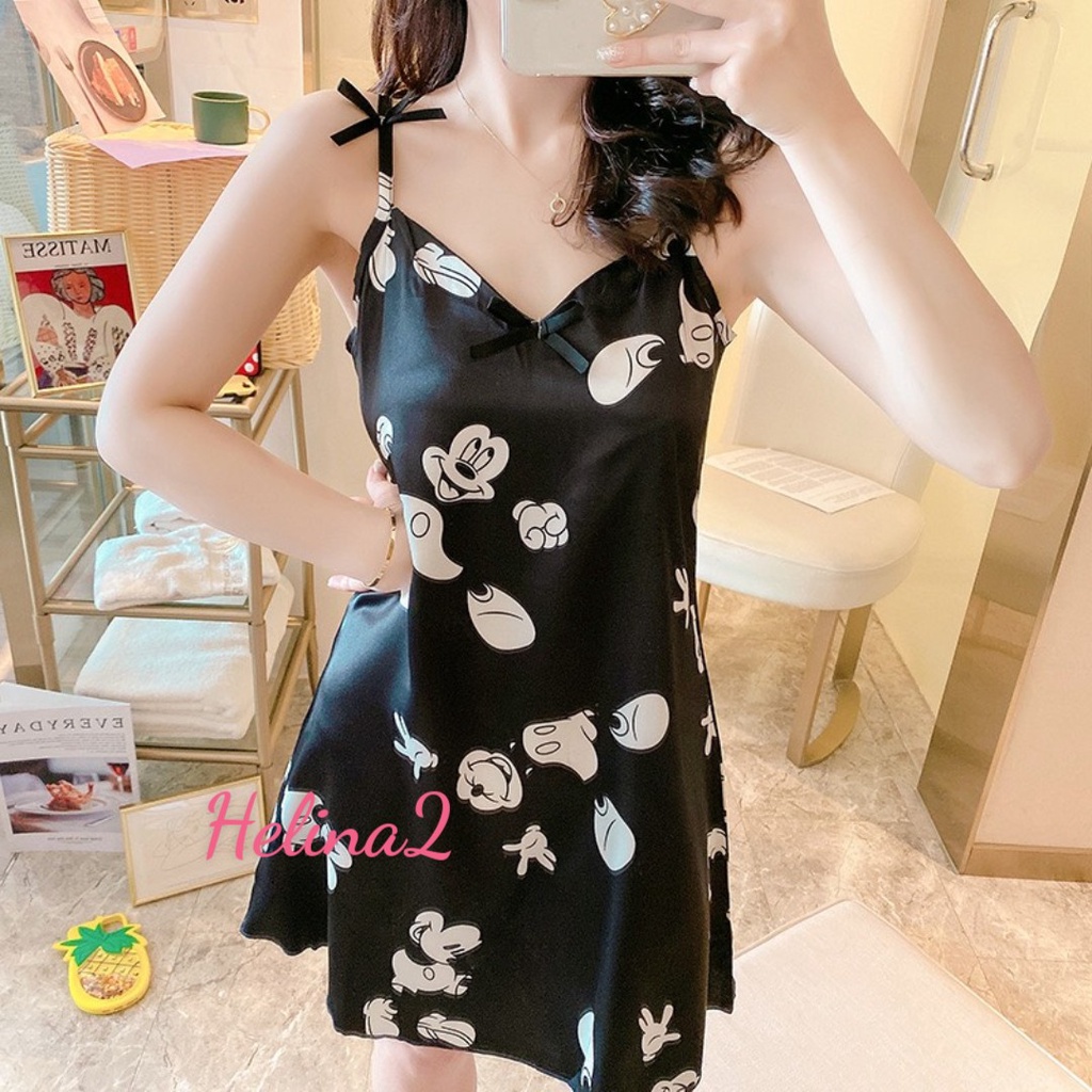 Váy ngủ 2 lụa thoáng mát mùa hè- đầm ngủ có mút ngực họa tiết siêu xinh V2D290