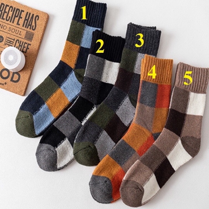 [TonaShoe] Tất Cổ Cao Sọc Caro Nam Nữ Len Dày Hợp Mùa Thu Đông